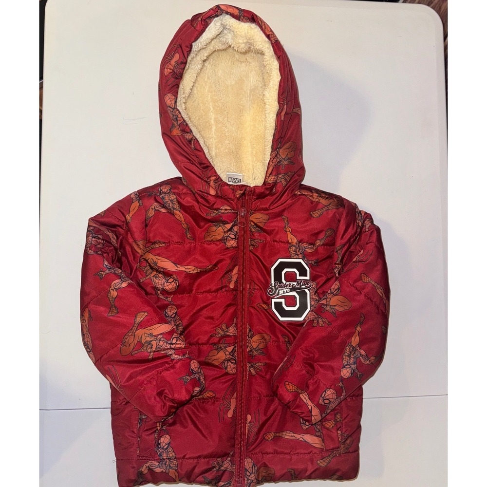Marvel Spider-Man Puffer Jacket Toddler 4T Red Sherpa Lined Hooded Coat